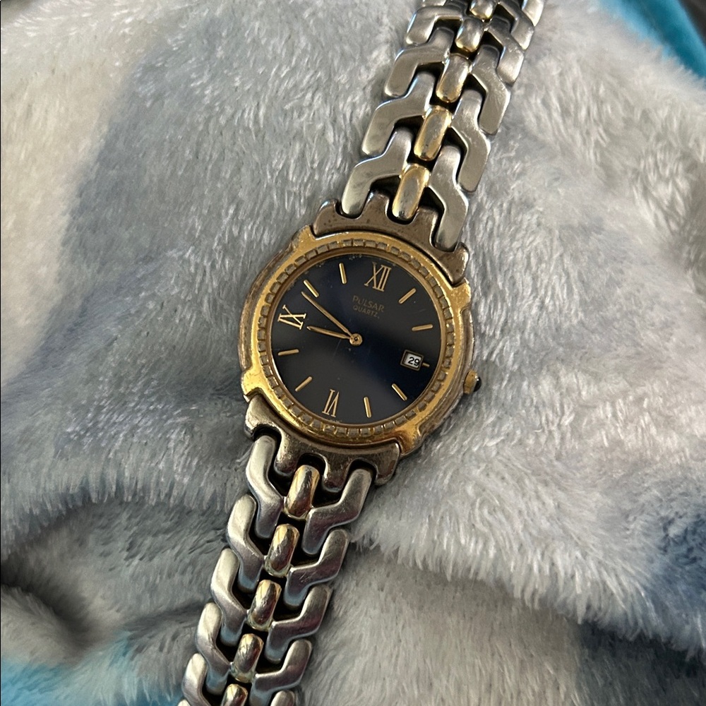 Pulsar Two-Tone Watch with Blue Dial and Gold Accents